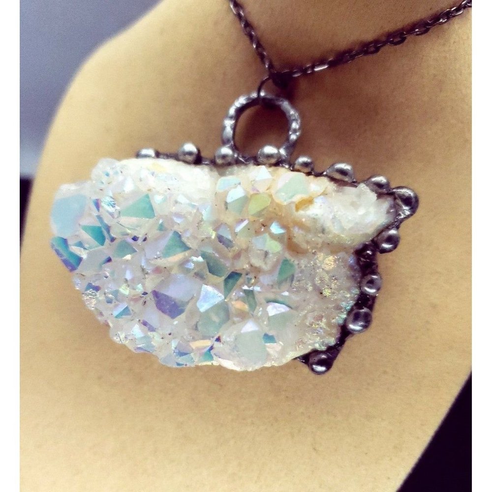 Huge angel aura rainbow quartz crystal necklace statement piece